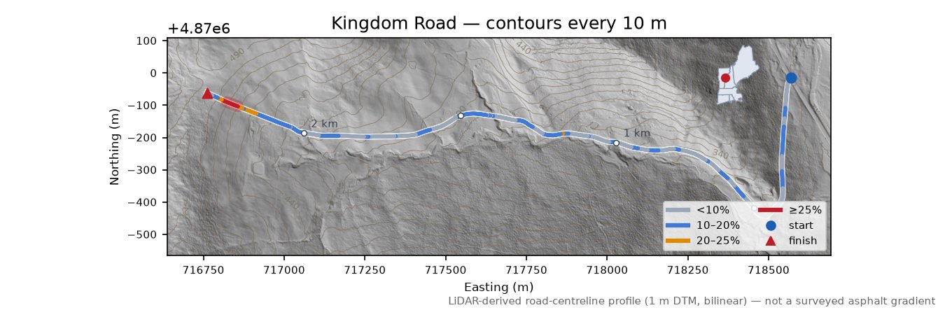Kingdom Road LiDAR hillshade map with contours