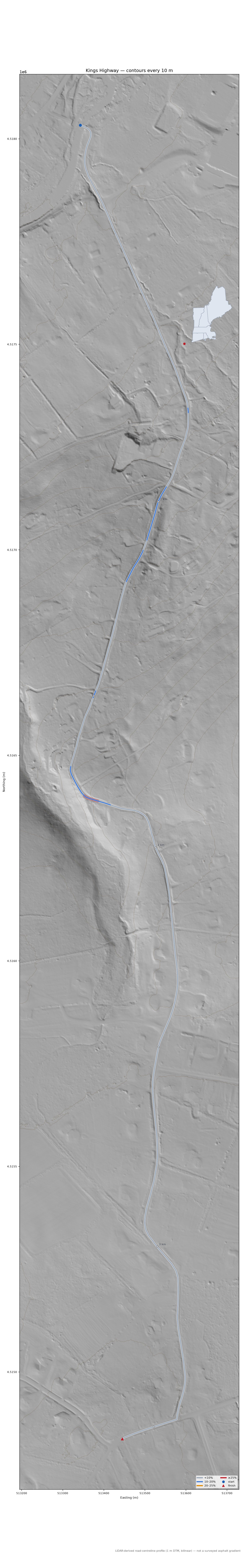 Kings Highway LiDAR hillshade map with contours