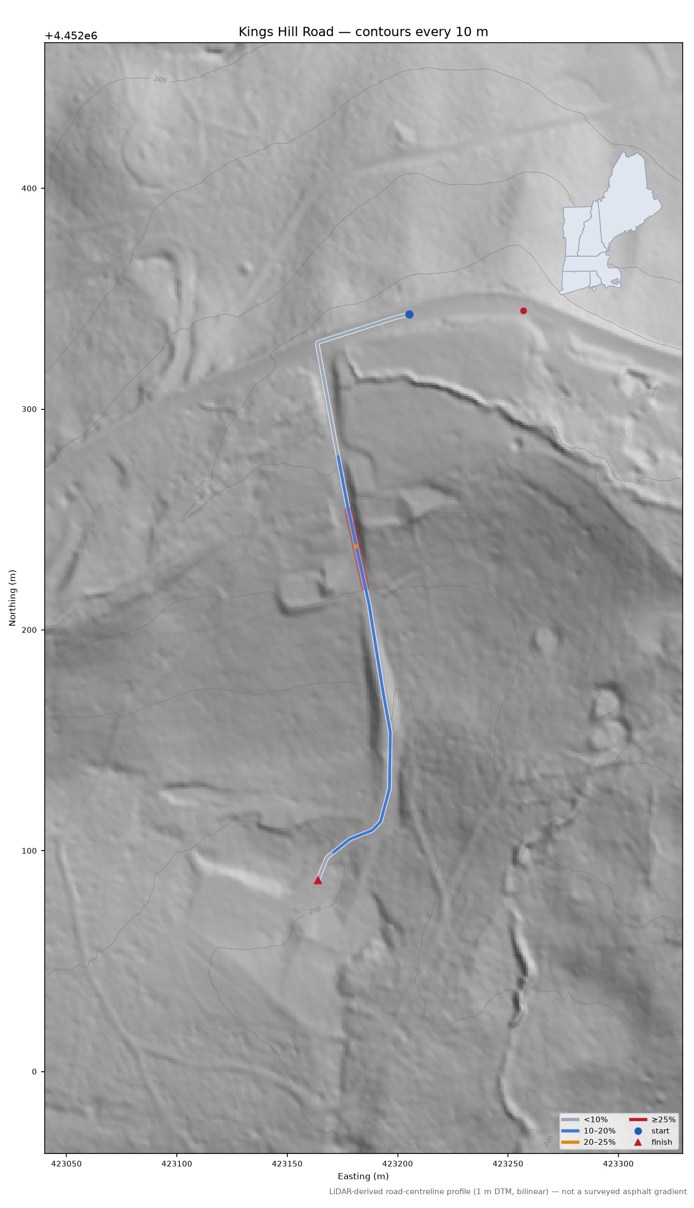 Kings Hill Road LiDAR hillshade map with contours