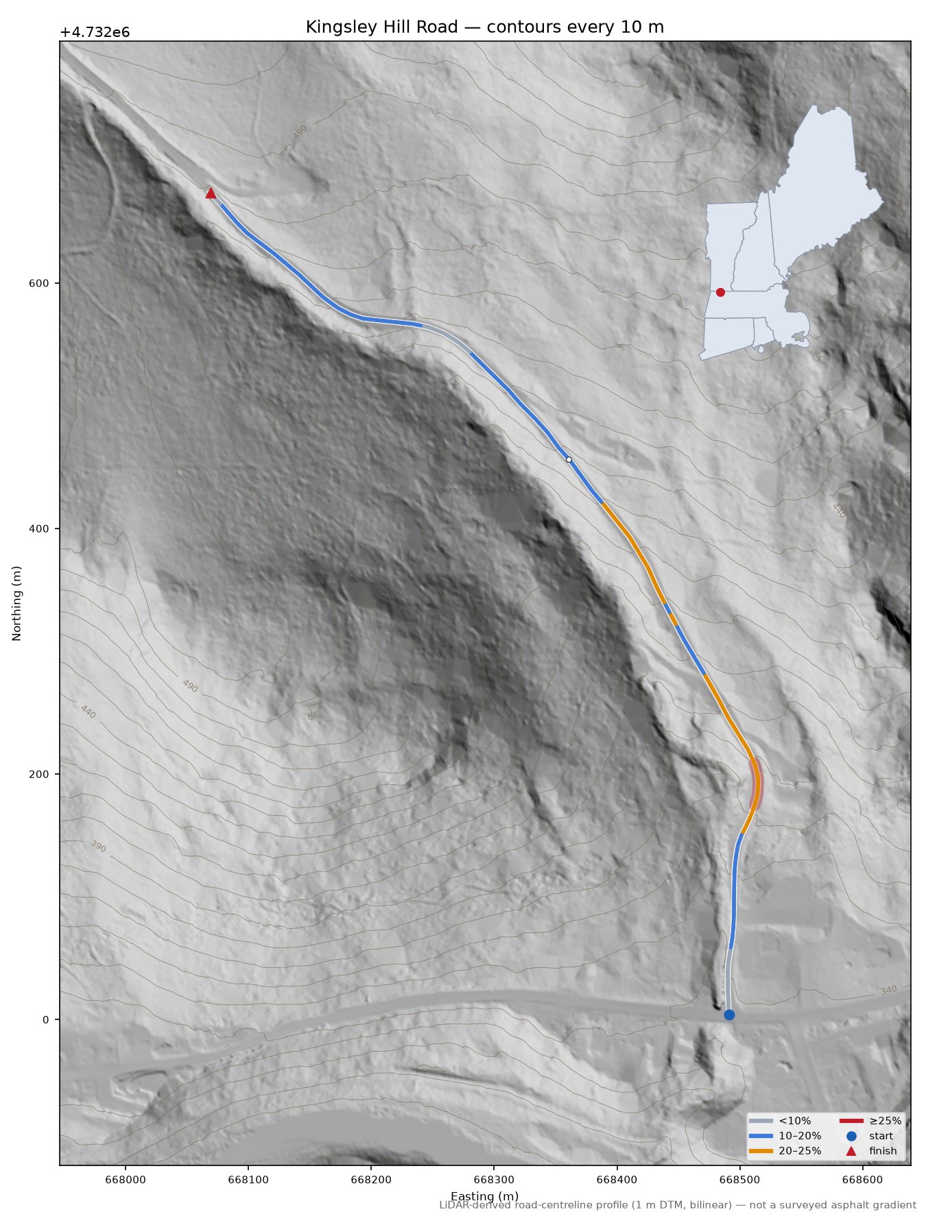Kingsley Hill Road LiDAR hillshade map with contours