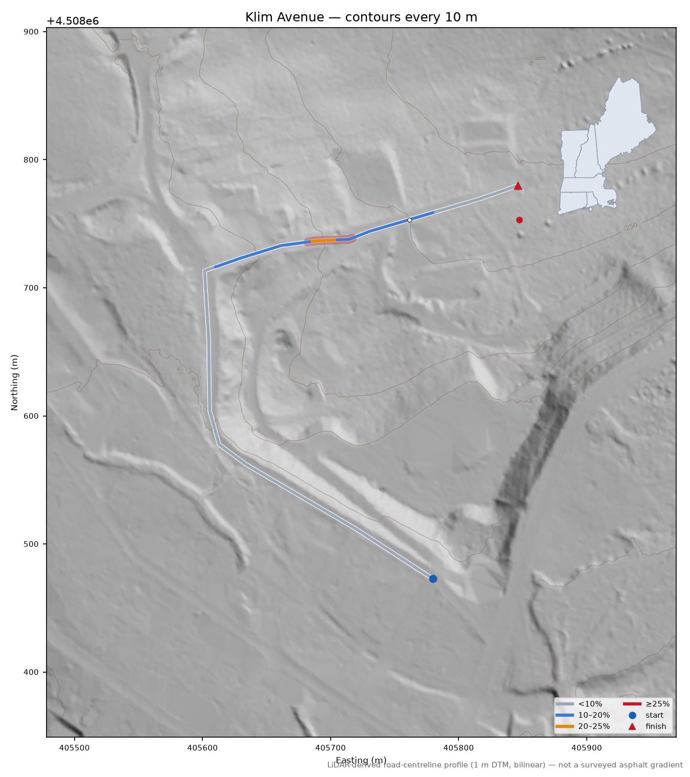 Klim Avenue LiDAR hillshade map with contours