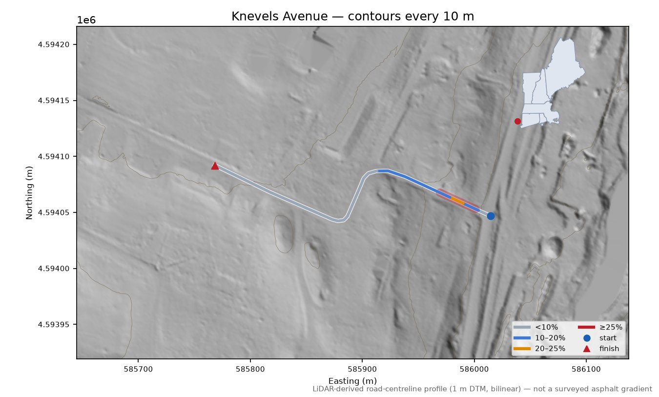 Knevels Avenue LiDAR hillshade map with contours