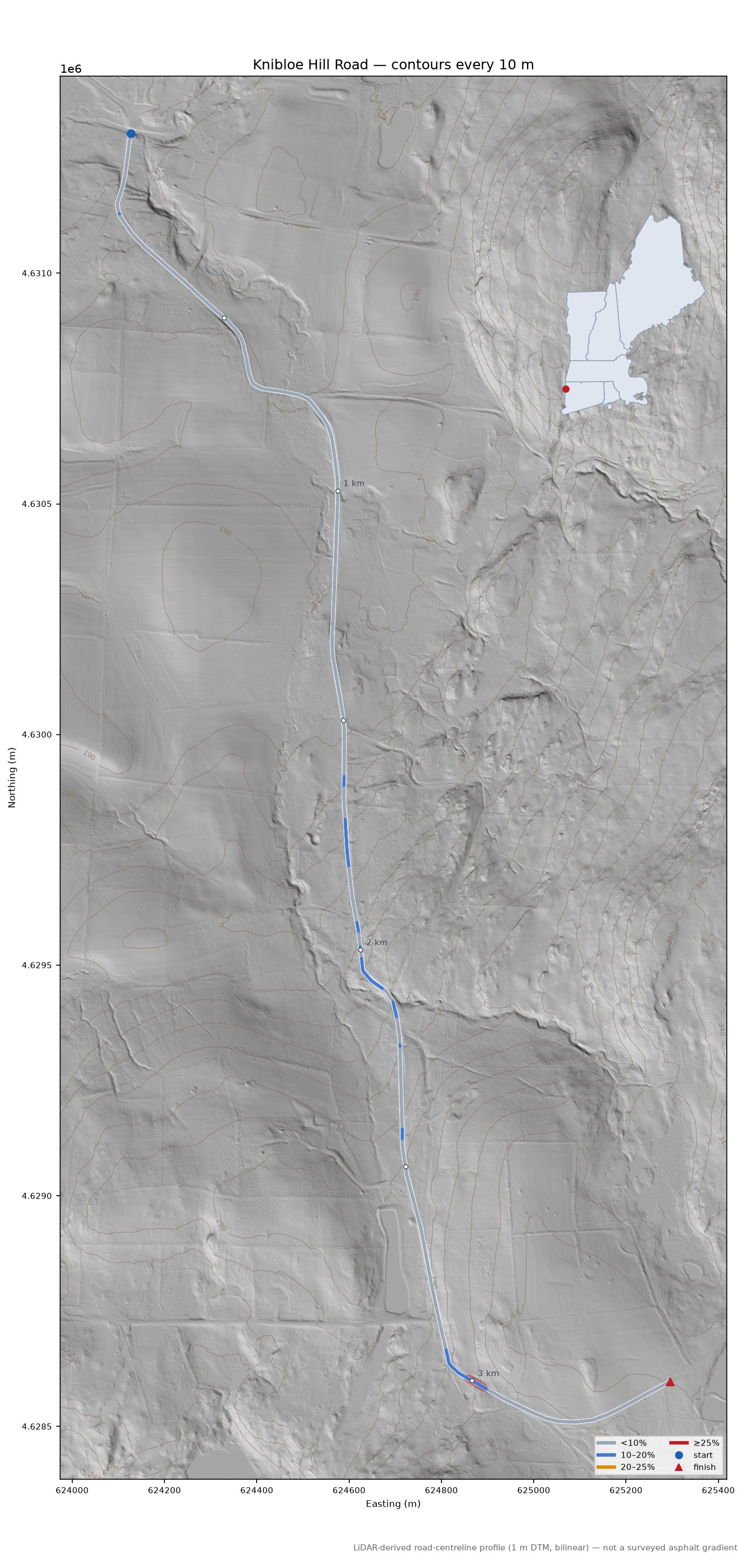 Knibloe Hill Road LiDAR hillshade map with contours