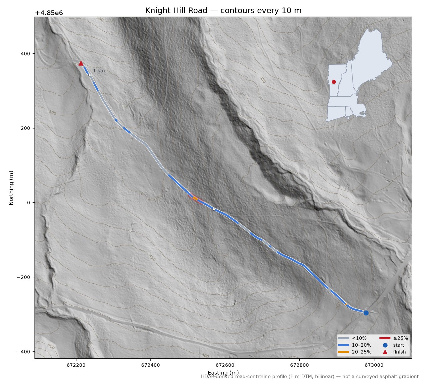 Knight Hill Road LiDAR hillshade map with contours