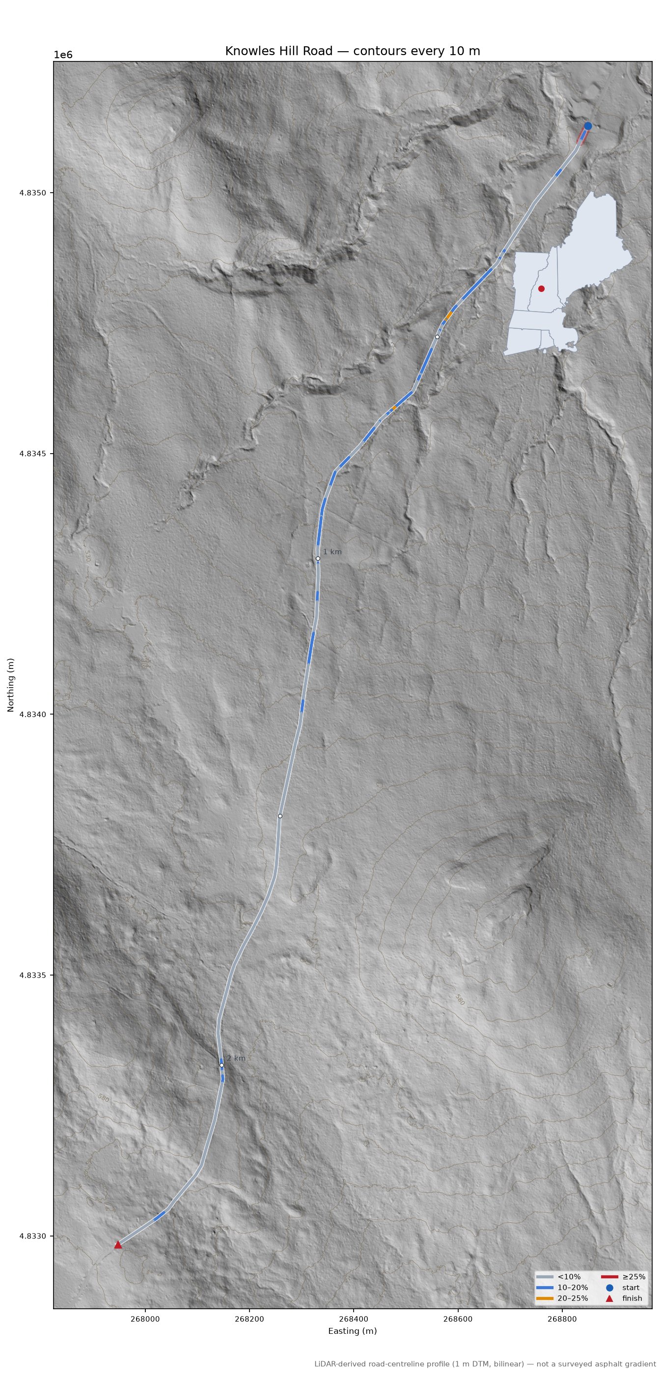 Knowles Hill Road LiDAR hillshade map with contours