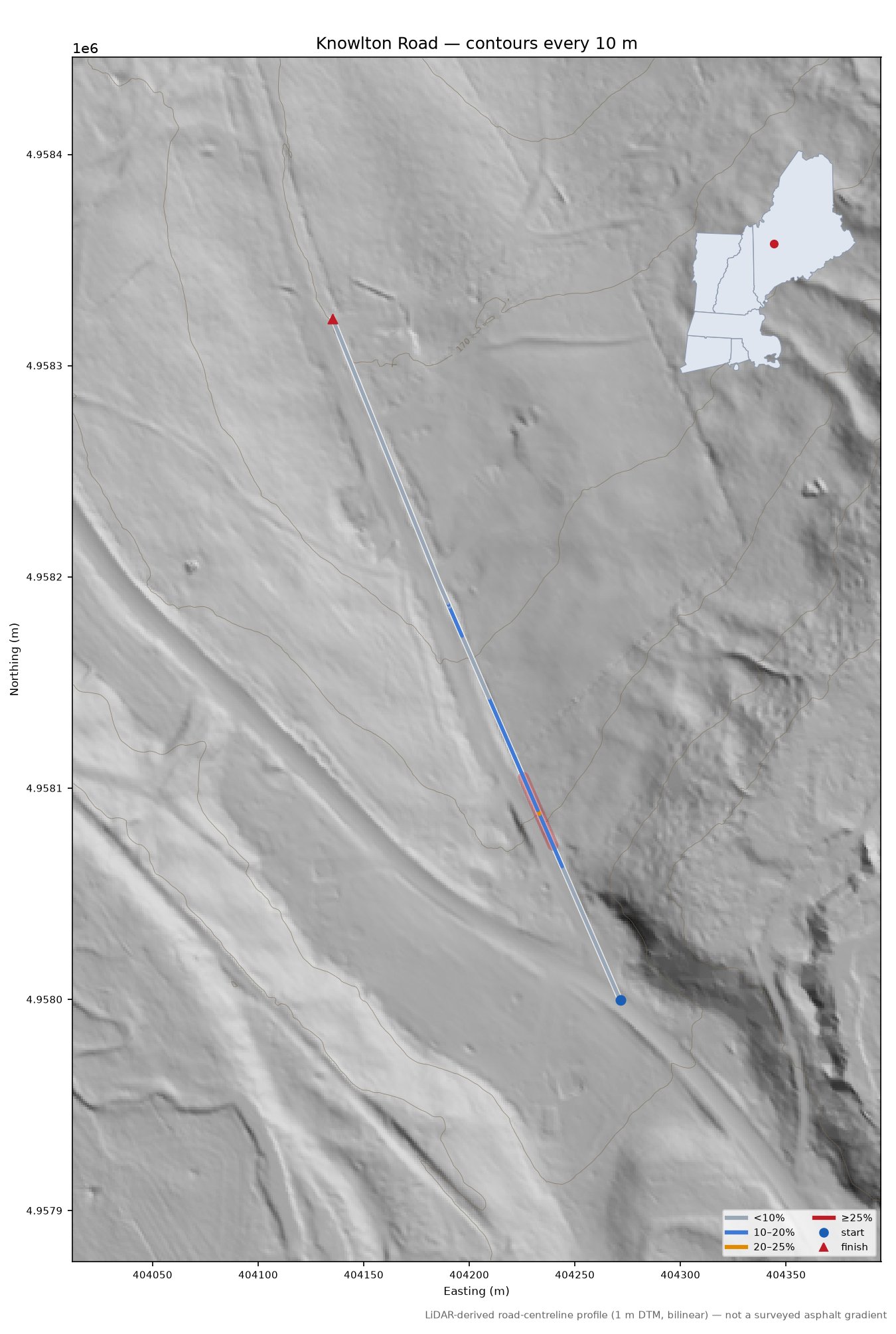 Knowlton Road LiDAR hillshade map with contours