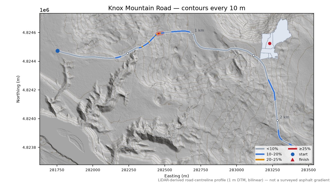 Knox Mountain Road LiDAR hillshade map with contours