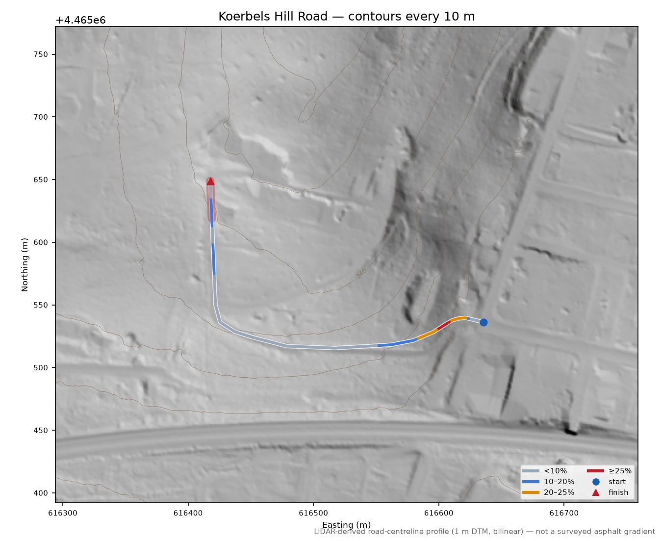 Koerbels Hill Road LiDAR hillshade map with contours
