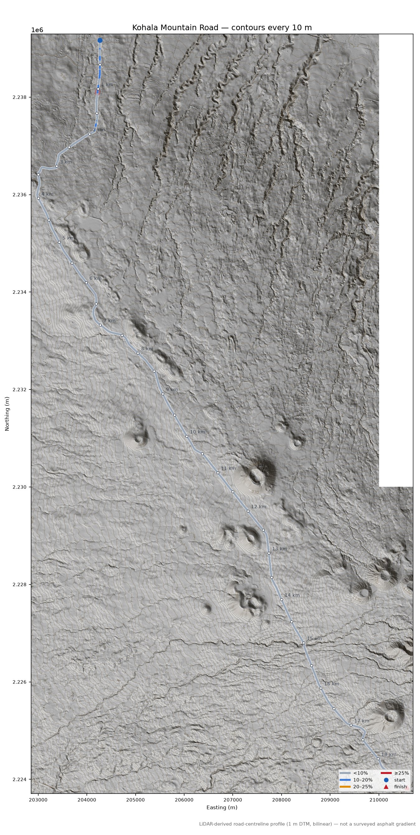 Kohala Mountain Road LiDAR hillshade map with contours