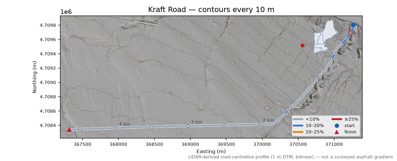 Kraft Road LiDAR hillshade map with contours