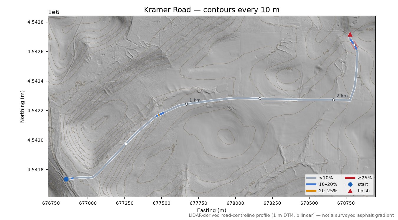 Kramer Road LiDAR hillshade map with contours