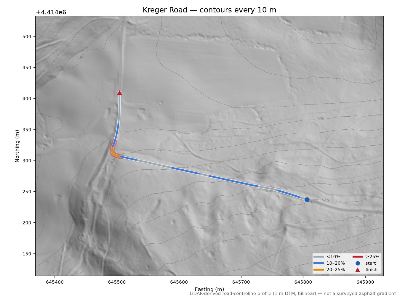 Kreger Road LiDAR hillshade map with contours