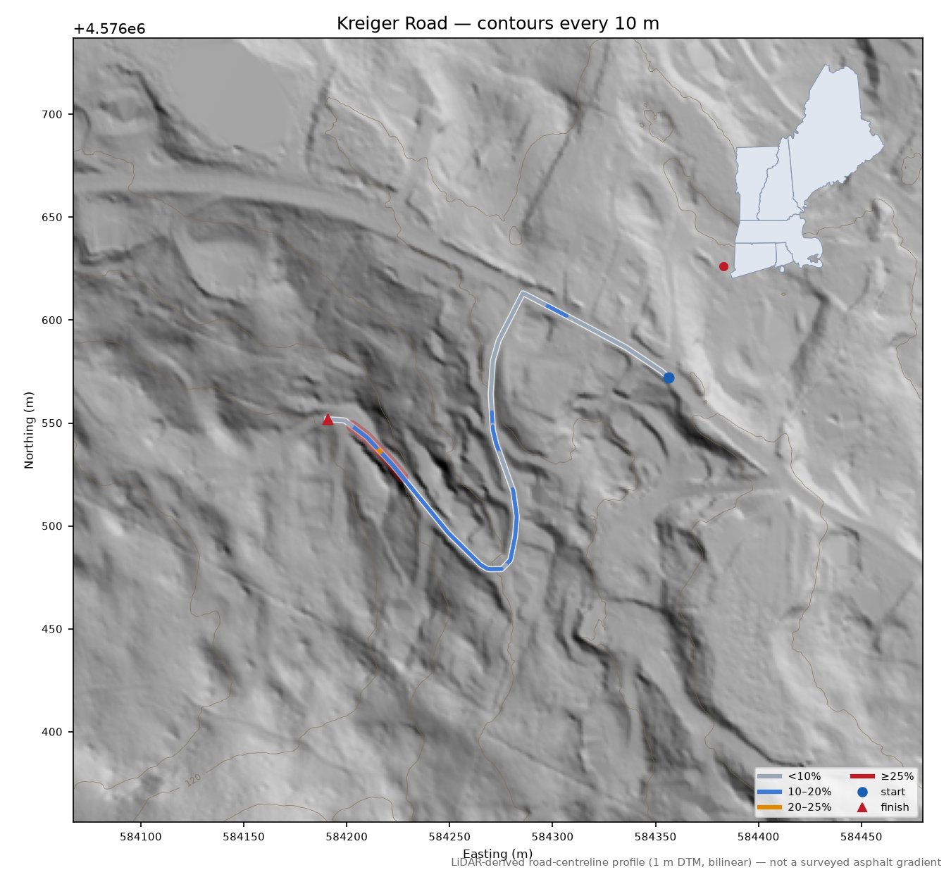 Kreiger Road LiDAR hillshade map with contours
