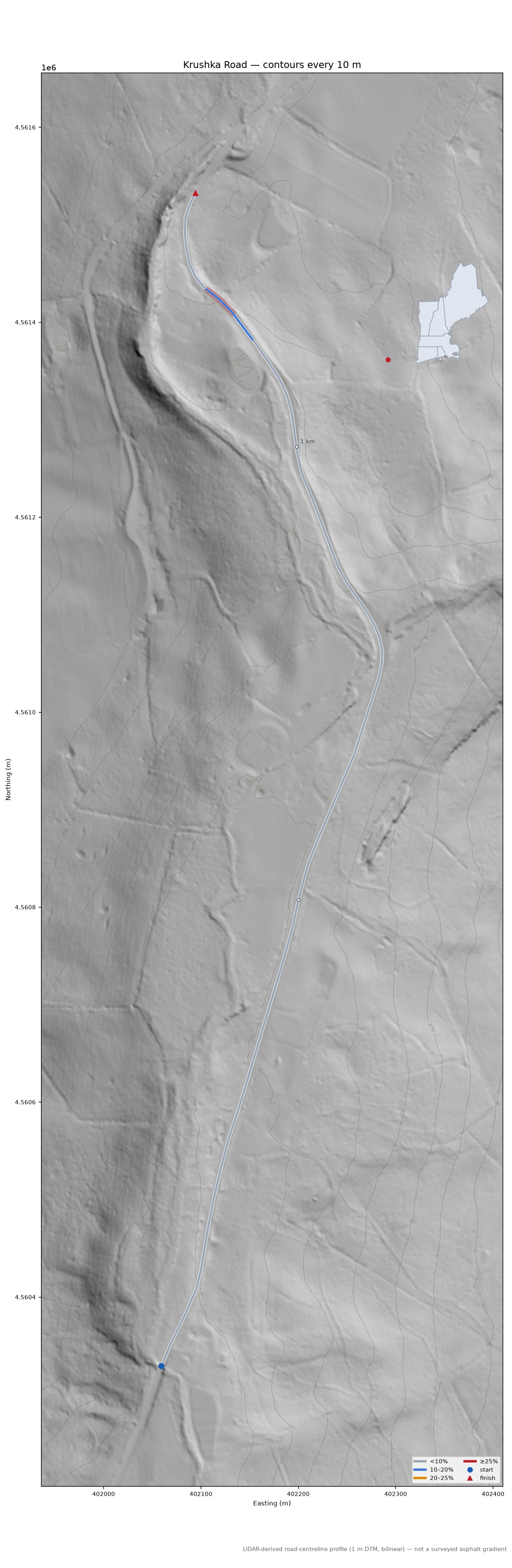 Krushka Road LiDAR hillshade map with contours