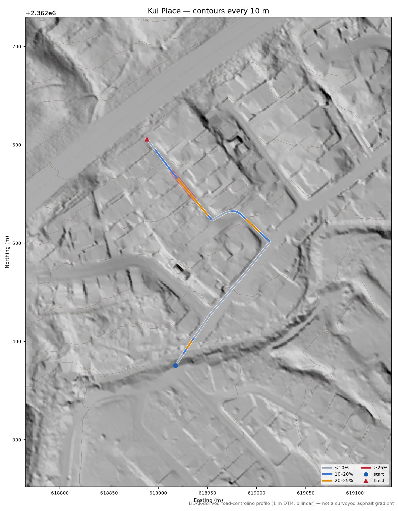 Kui Place LiDAR hillshade map with contours