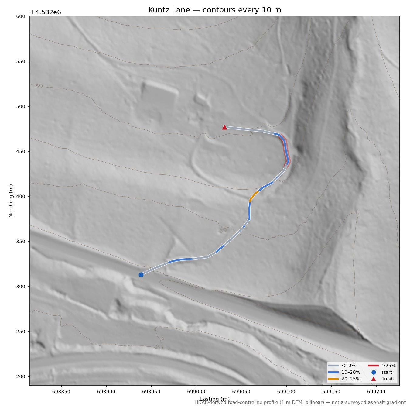 Kuntz Lane LiDAR hillshade map with contours