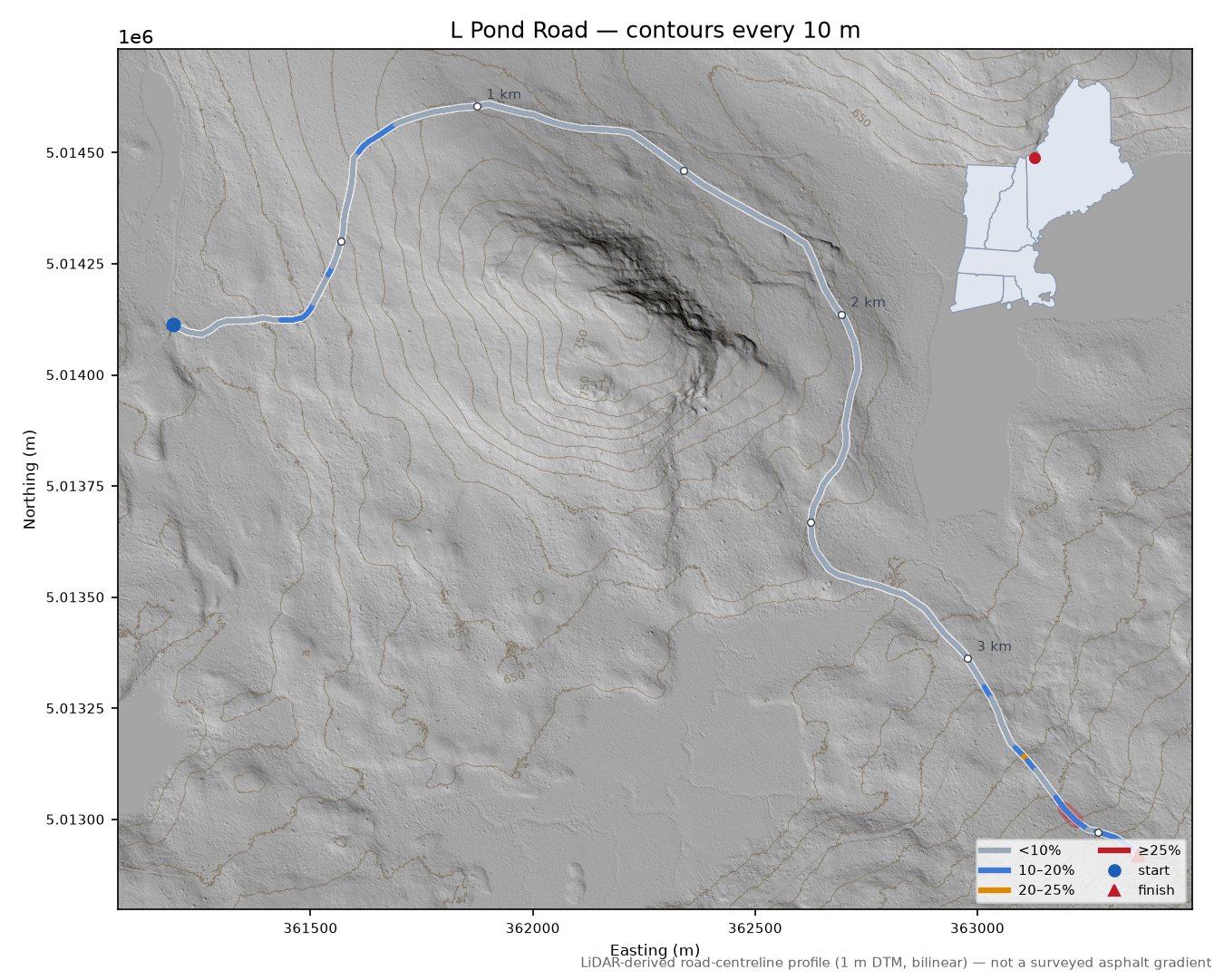 L Pond Road LiDAR hillshade map with contours