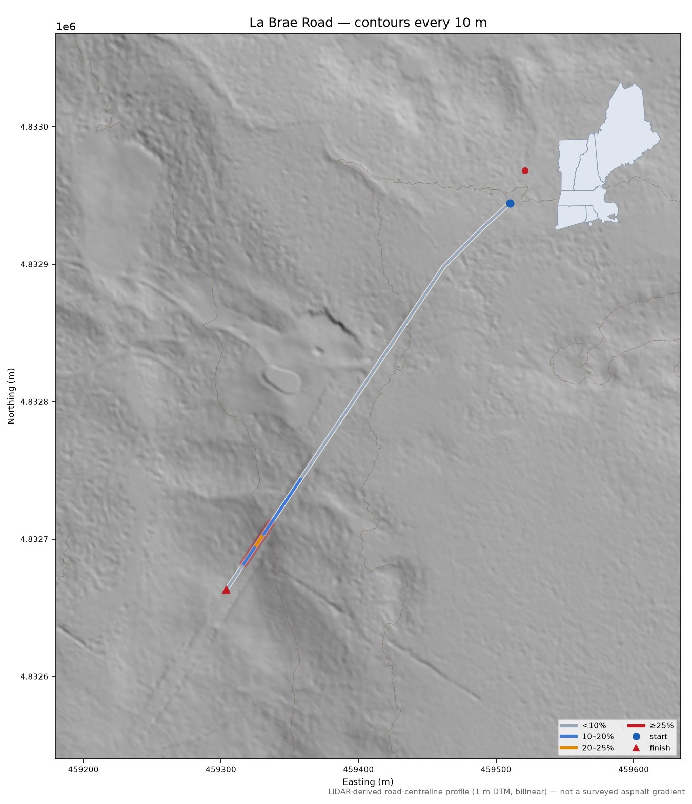 La Brae Road LiDAR hillshade map with contours