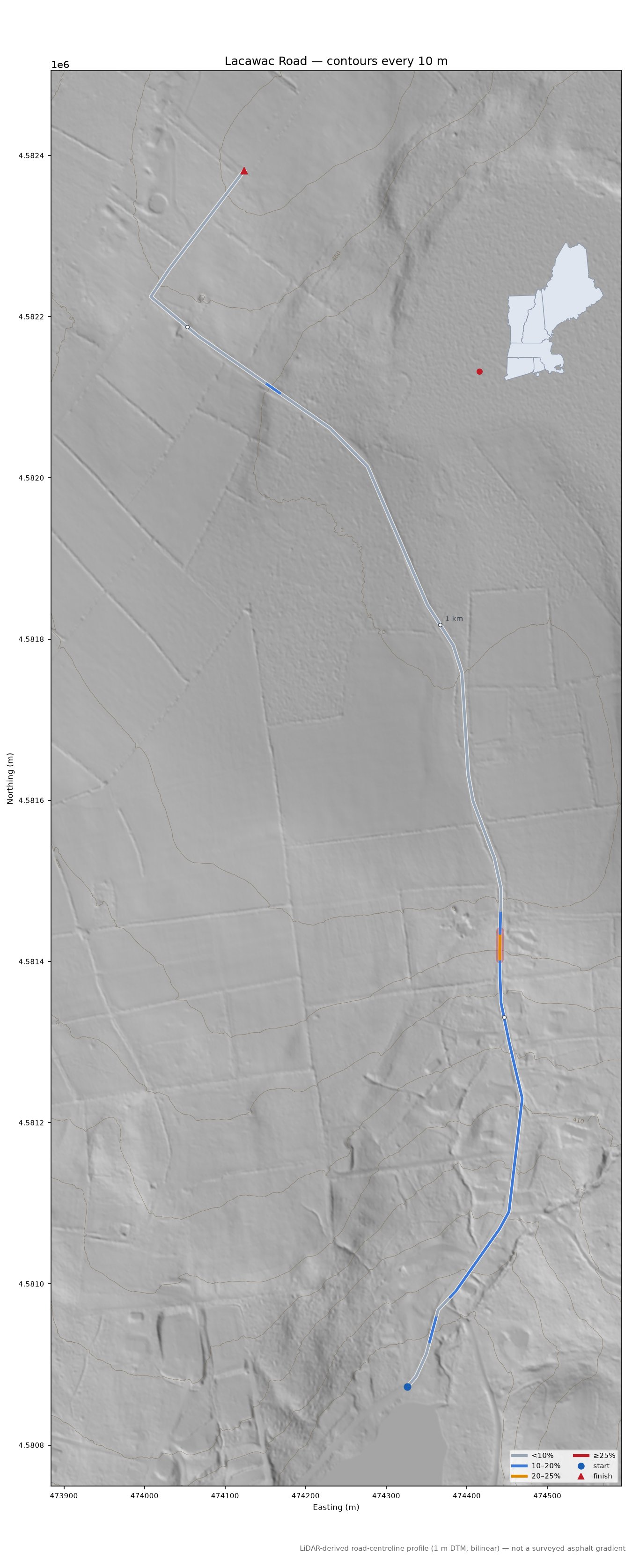Lacawac Road LiDAR hillshade map with contours