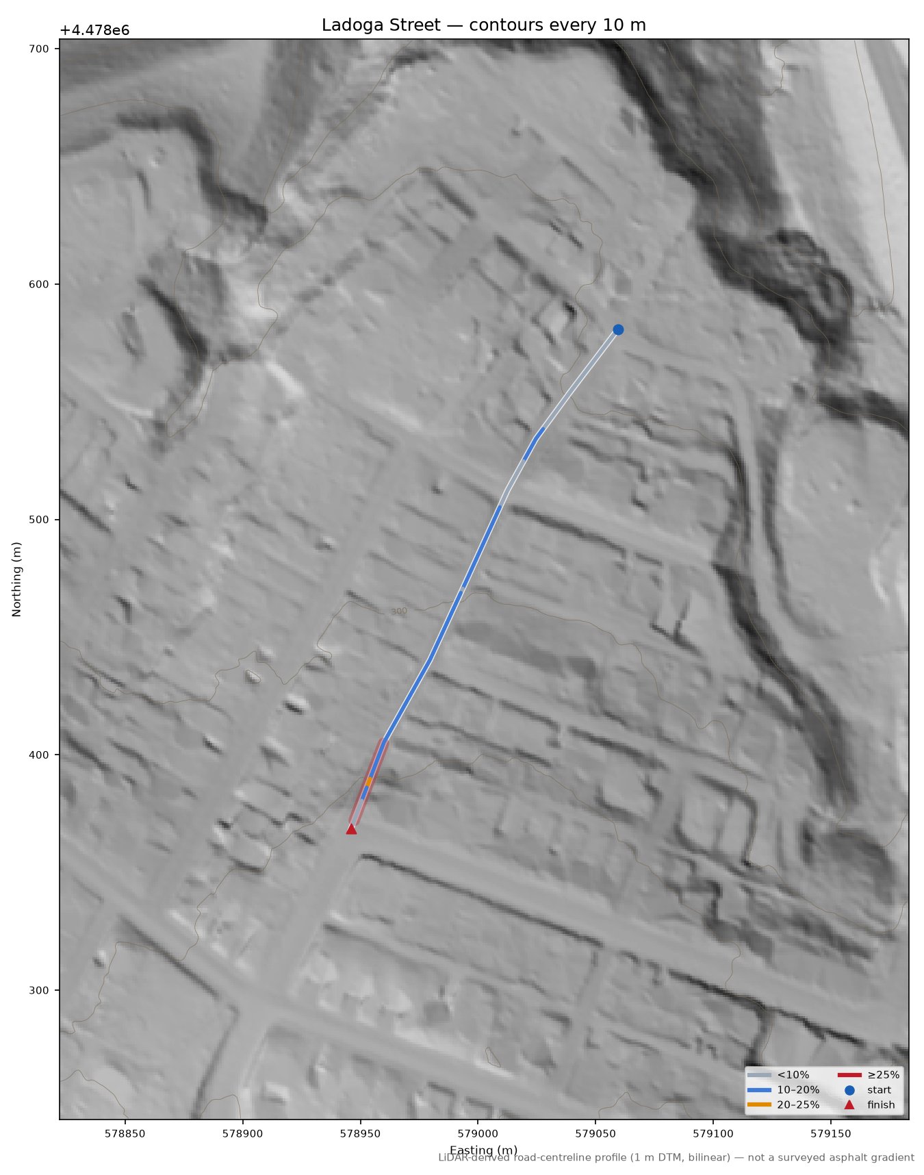 Ladoga Street LiDAR hillshade map with contours