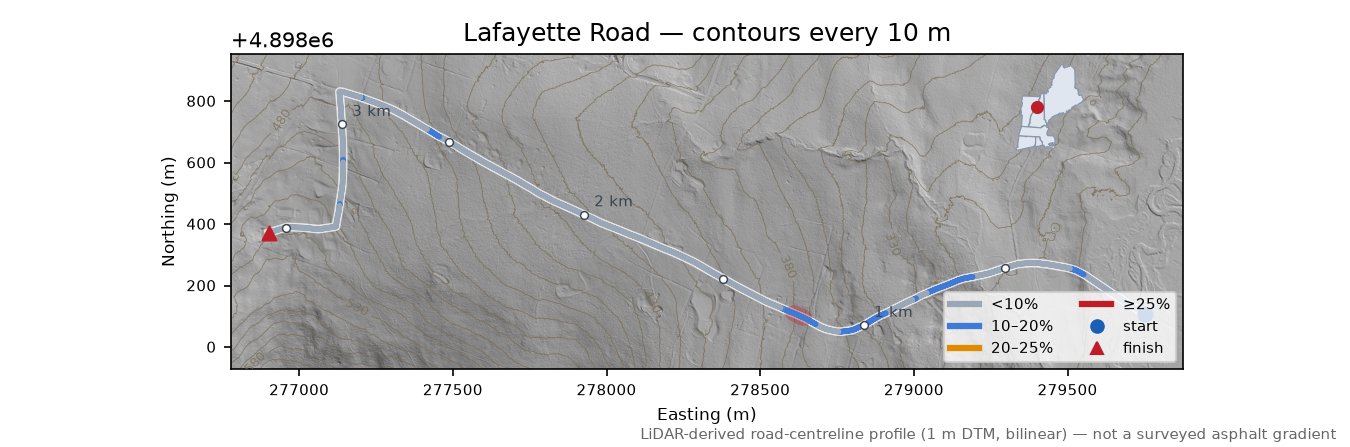 Lafayette Road LiDAR hillshade map with contours