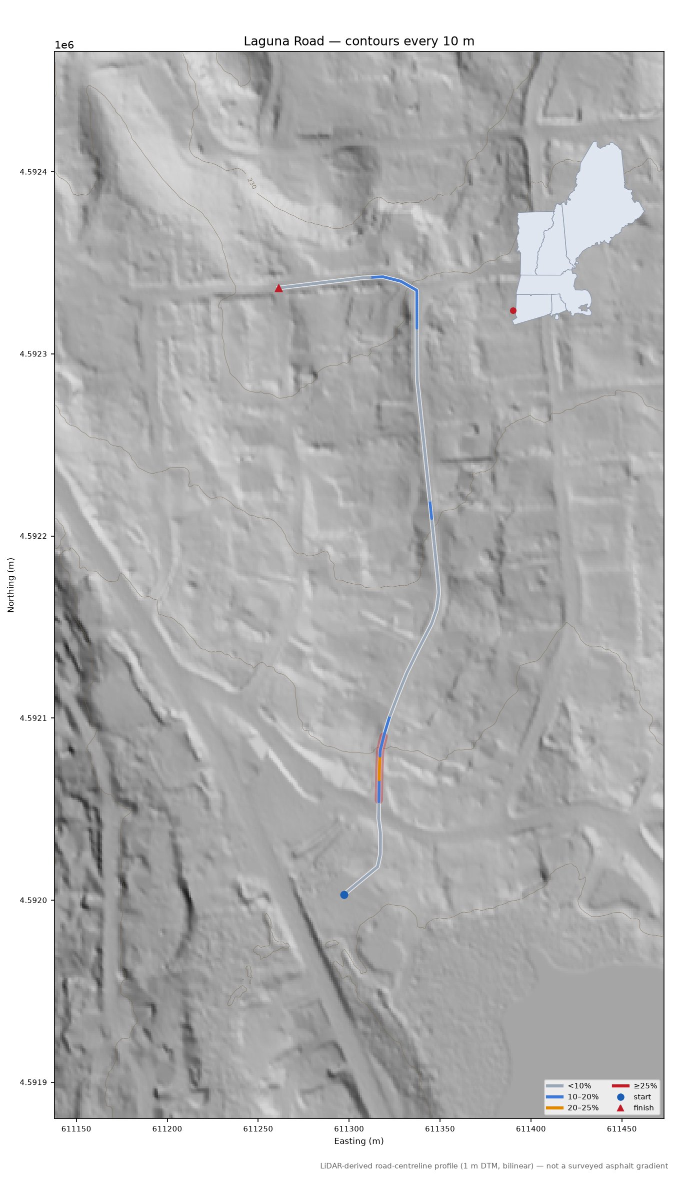 Laguna Road LiDAR hillshade map with contours