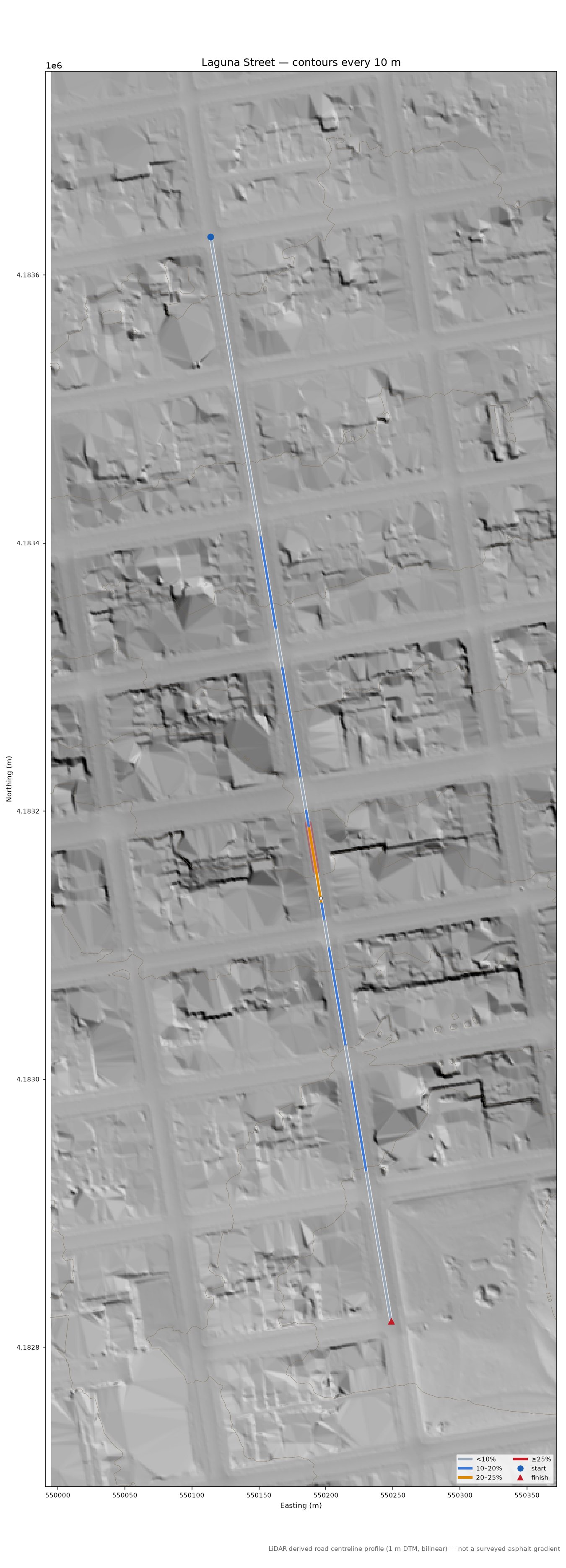 Laguna Street LiDAR hillshade map with contours