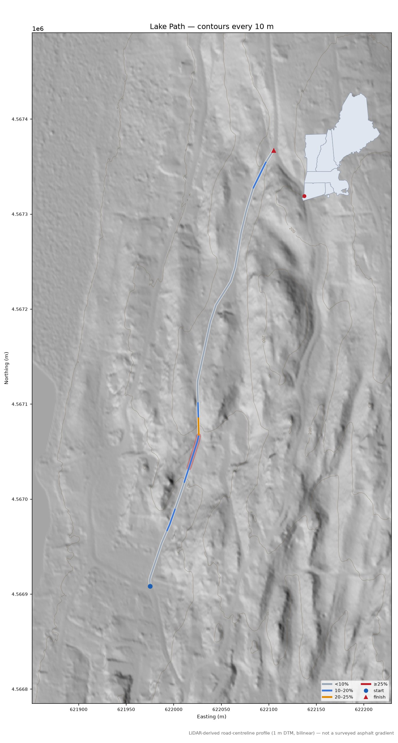 Lake Path LiDAR hillshade map with contours