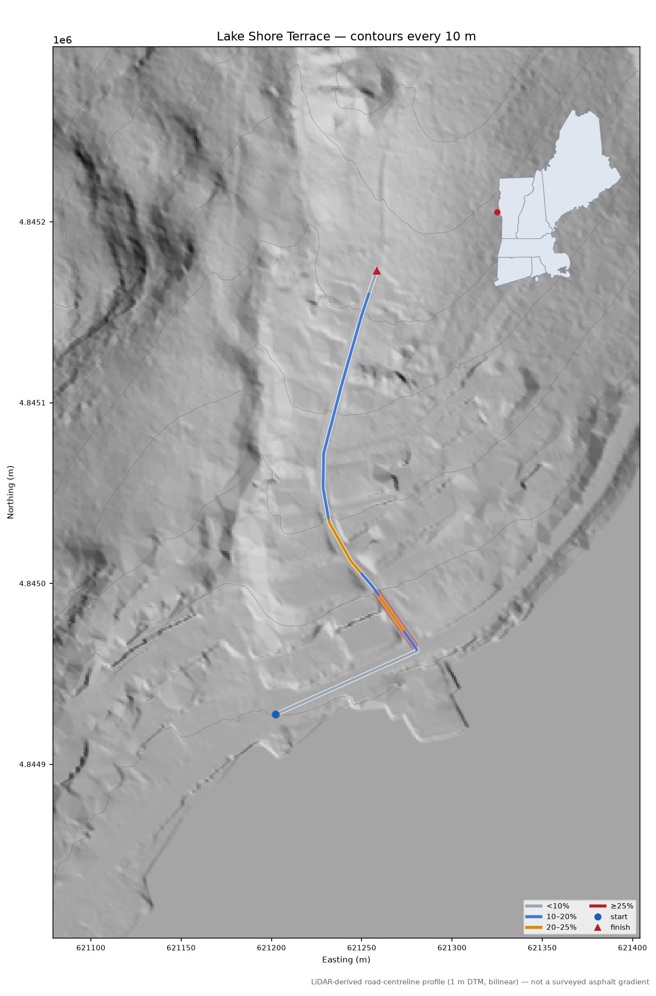 Lake Shore Terrace LiDAR hillshade map with contours