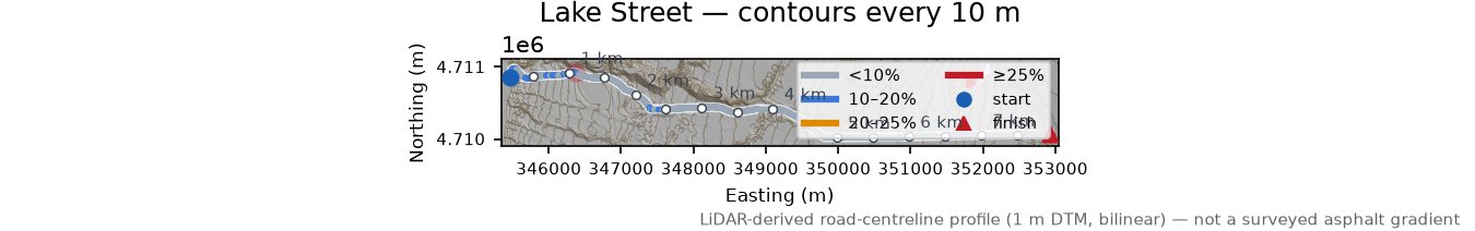 Lake Street LiDAR hillshade map with contours