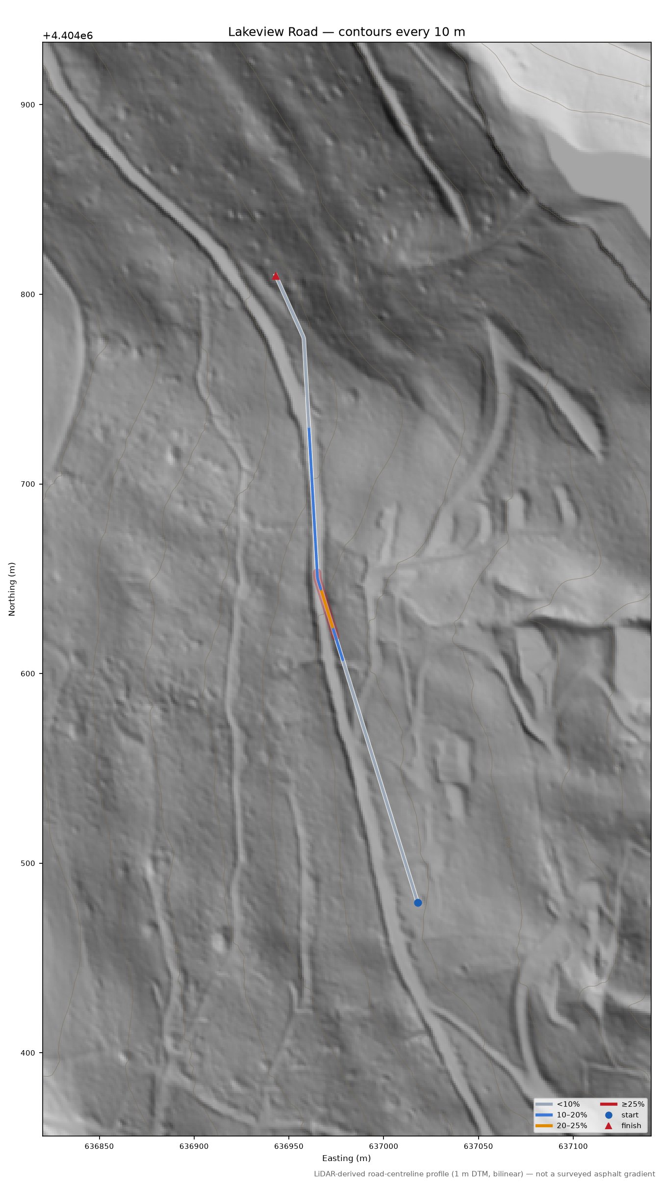 Lakeview Road LiDAR hillshade map with contours