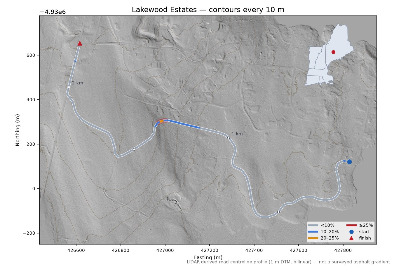 Lakewood Estates LiDAR hillshade map with contours