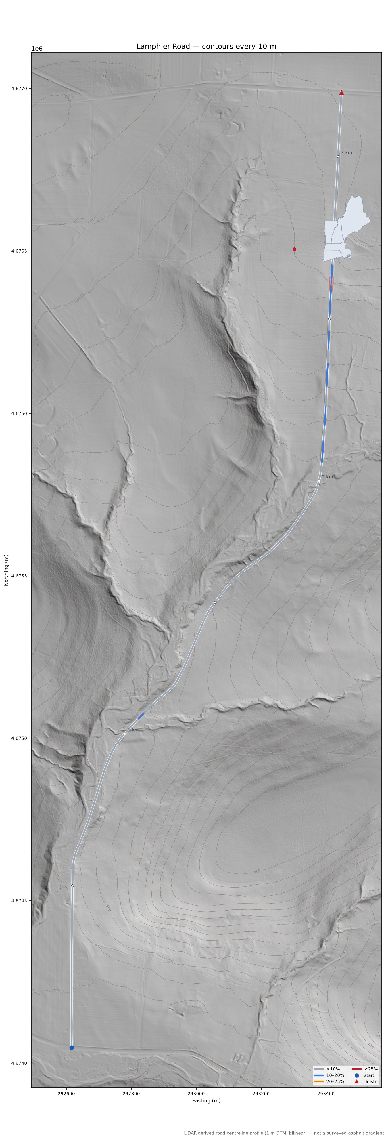 Lamphier Road LiDAR hillshade map with contours