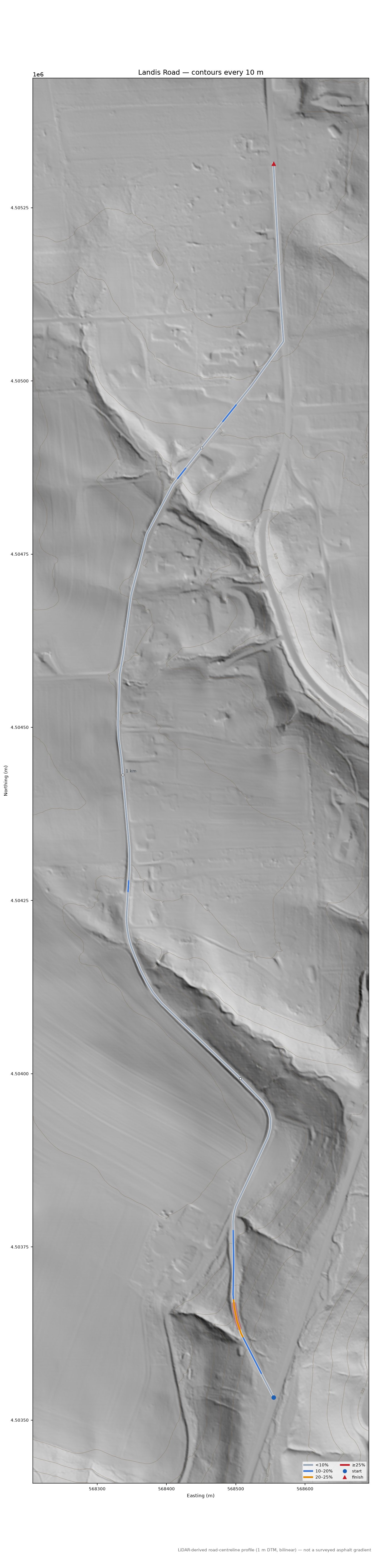 Landis Road LiDAR hillshade map with contours