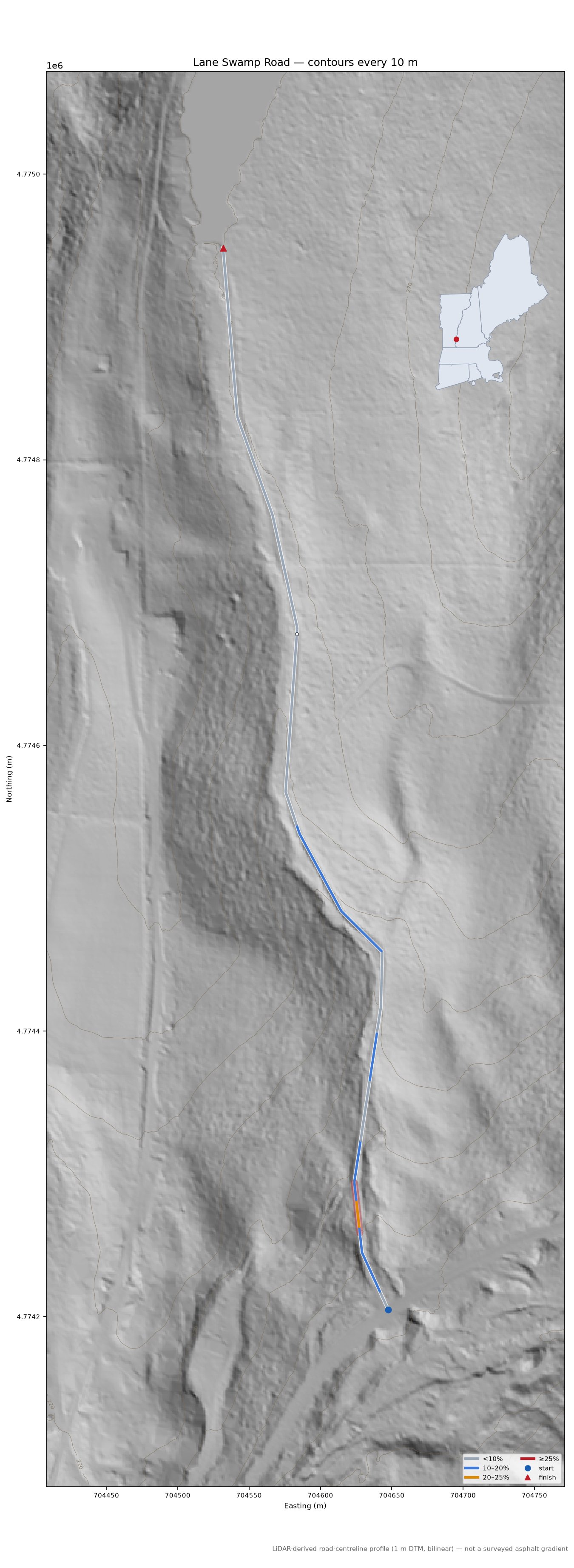 Lane Swamp Road LiDAR hillshade map with contours