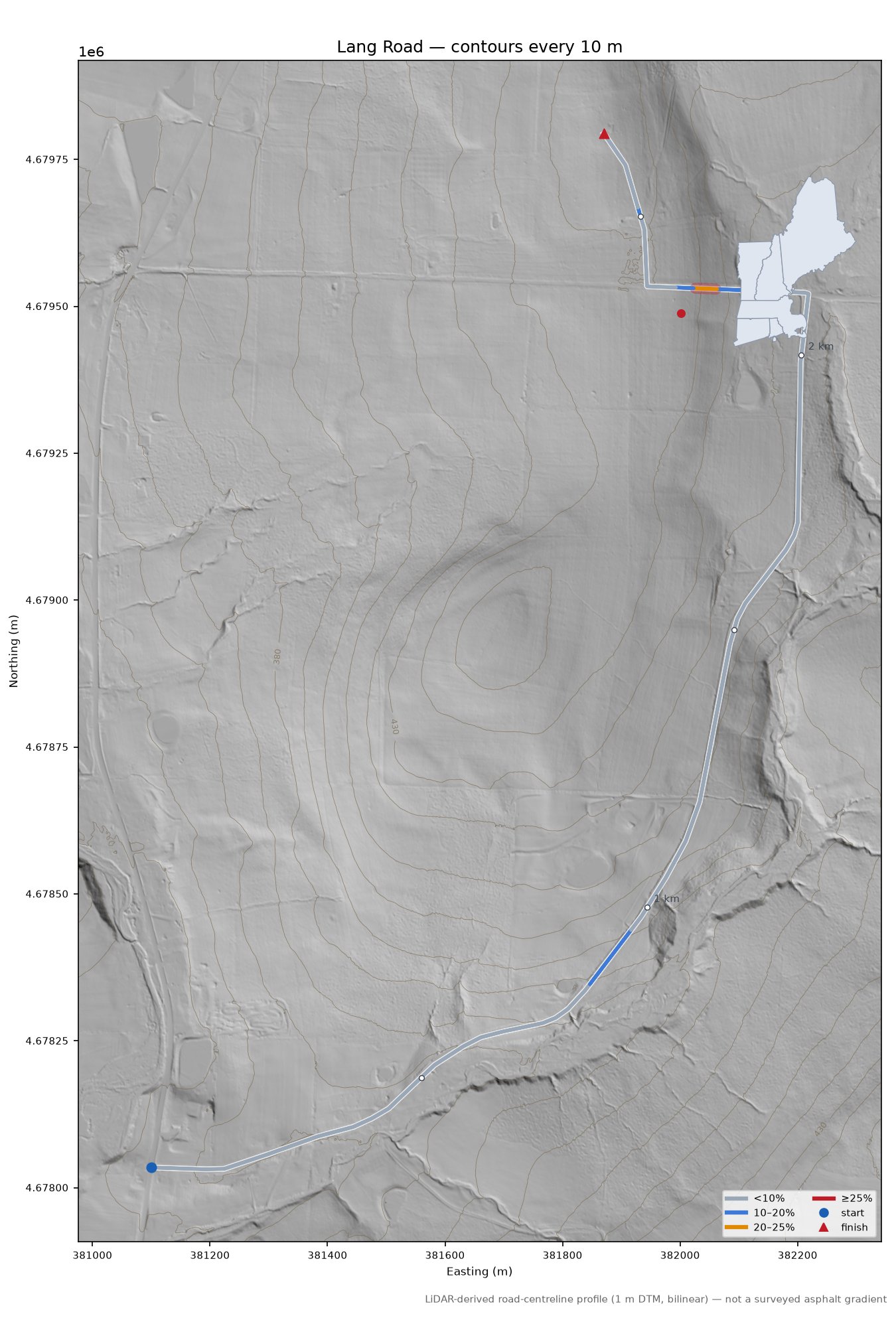 Lang Road LiDAR hillshade map with contours