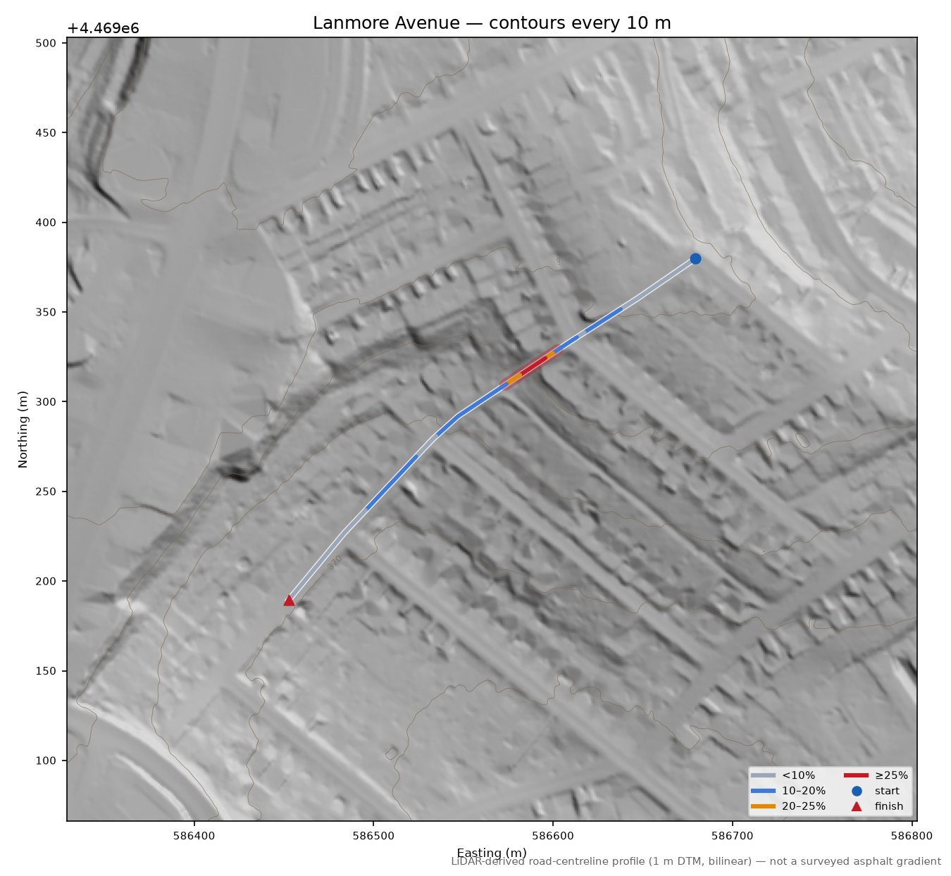 Lanmore Avenue LiDAR hillshade map with contours