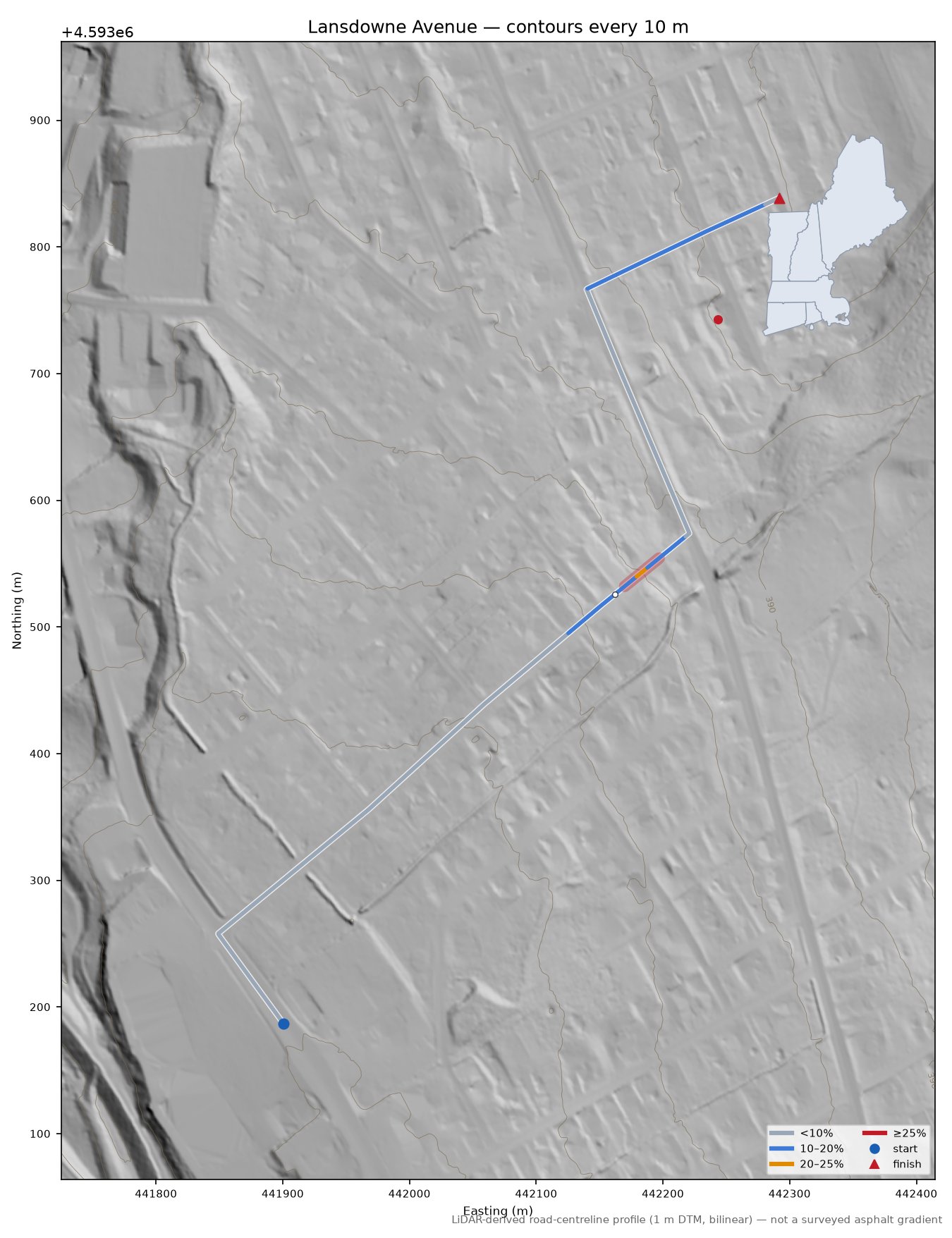 Lansdowne Avenue LiDAR hillshade map with contours