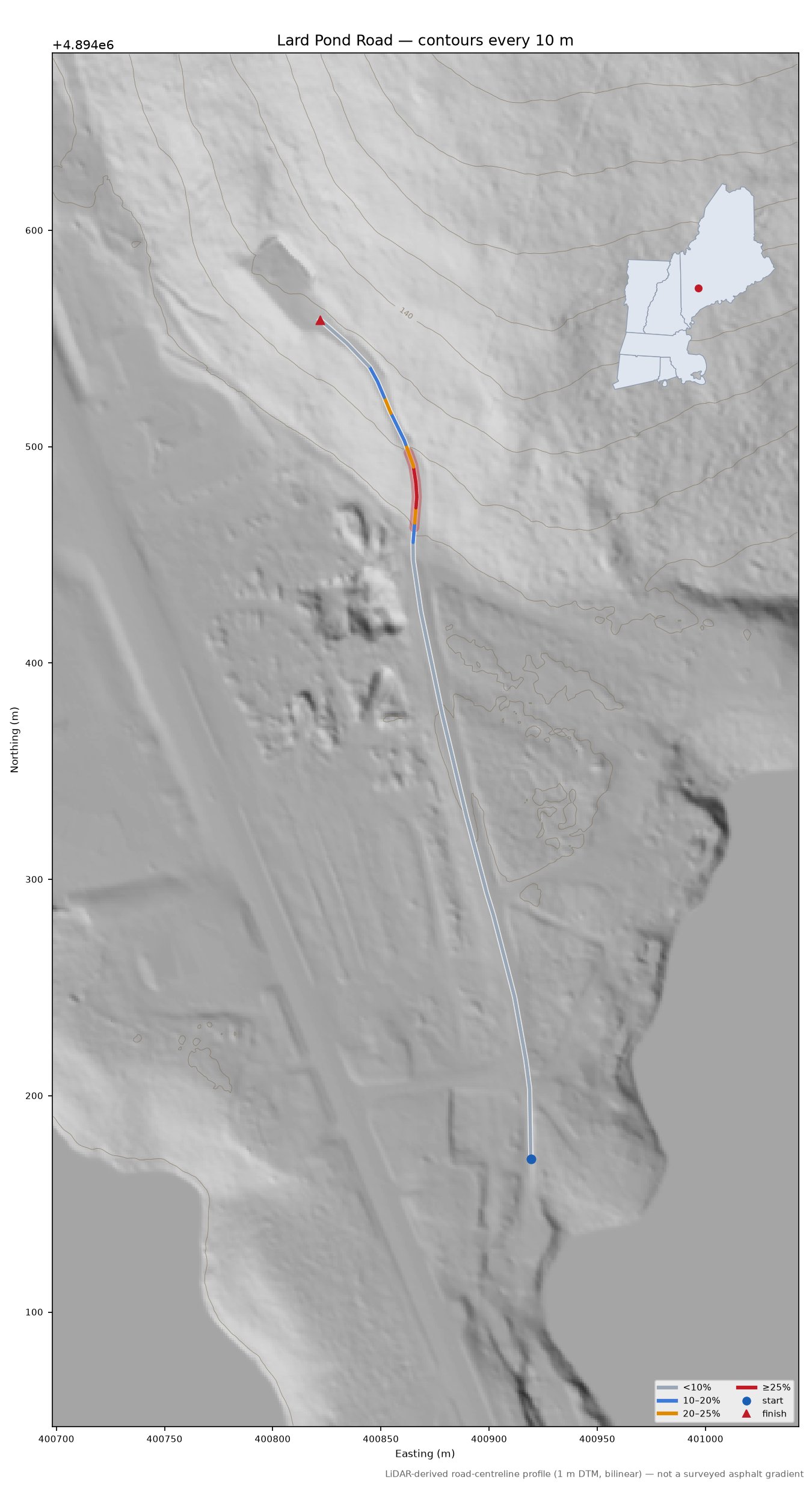 Lard Pond Road LiDAR hillshade map with contours