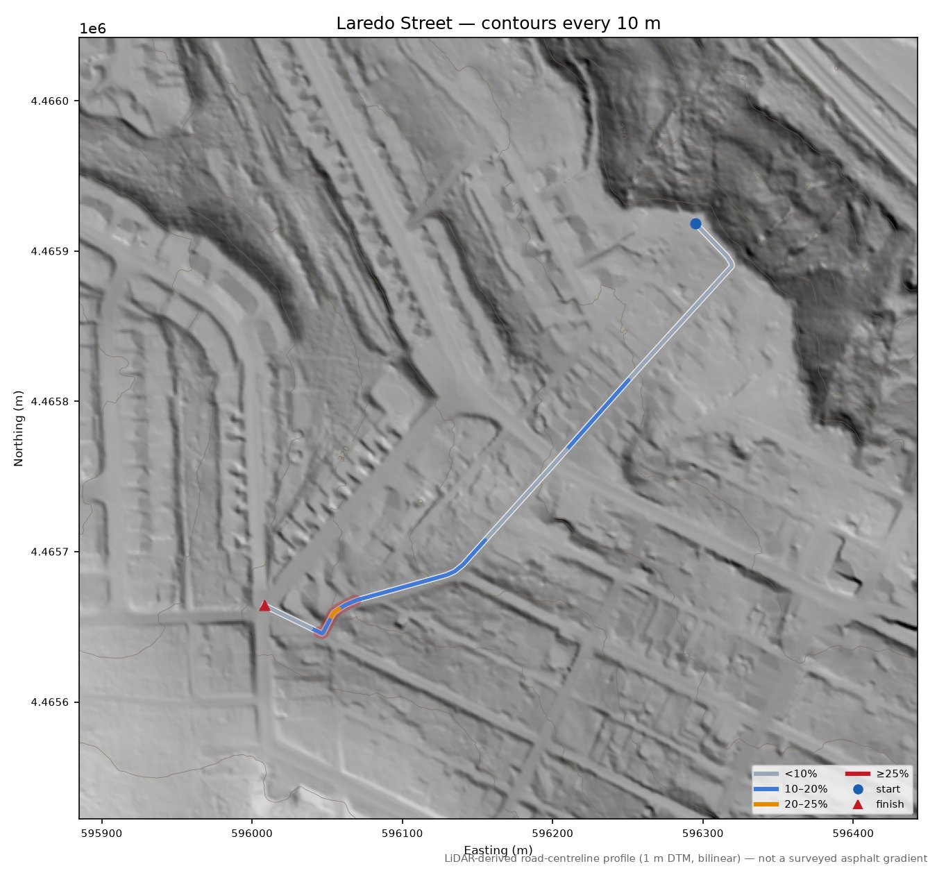 Laredo Street LiDAR hillshade map with contours