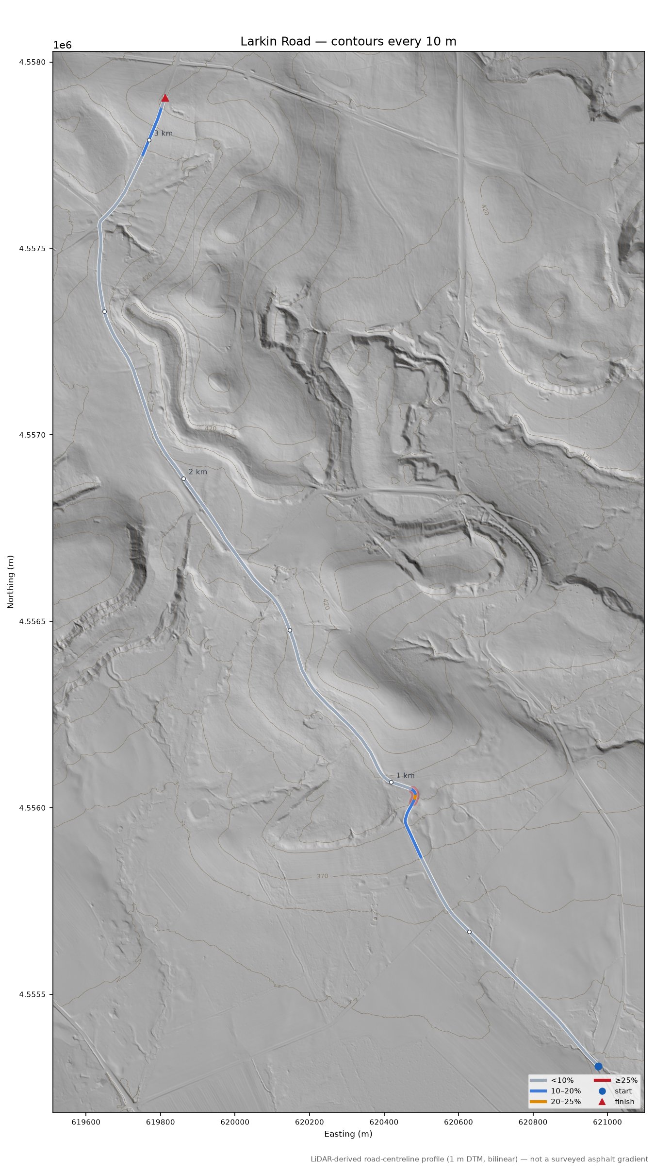 Larkin Road LiDAR hillshade map with contours
