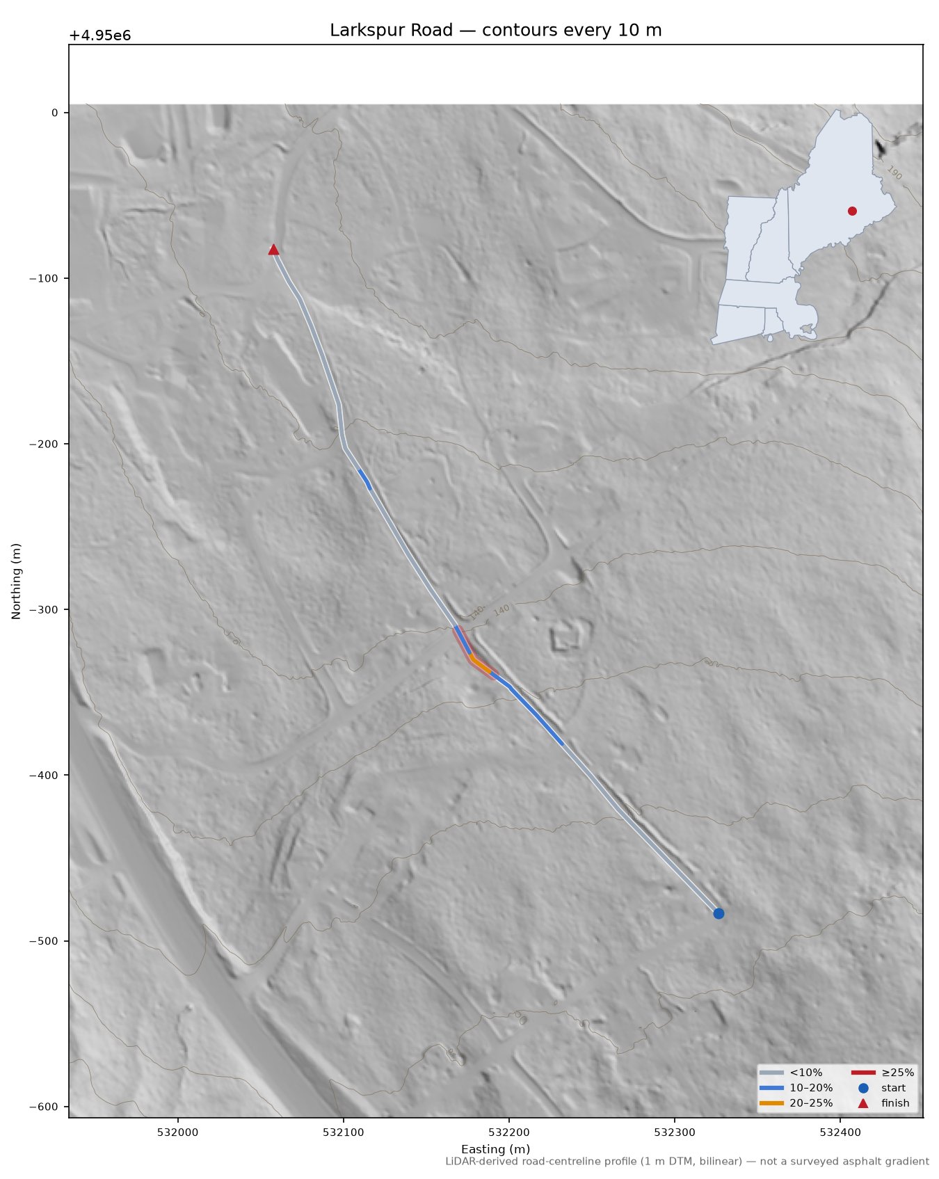 Larkspur Road LiDAR hillshade map with contours