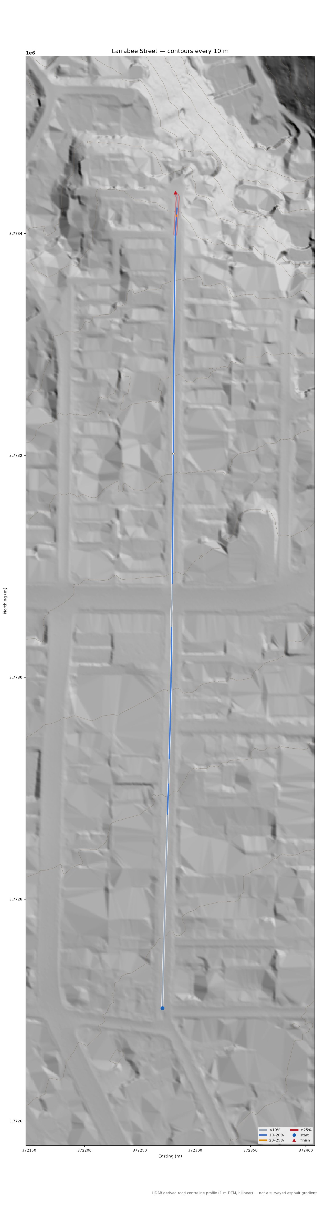 Larrabee Street LiDAR hillshade map with contours