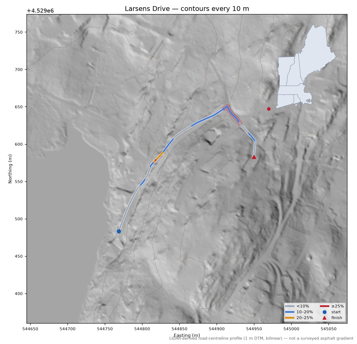 Larsens Drive LiDAR hillshade map with contours
