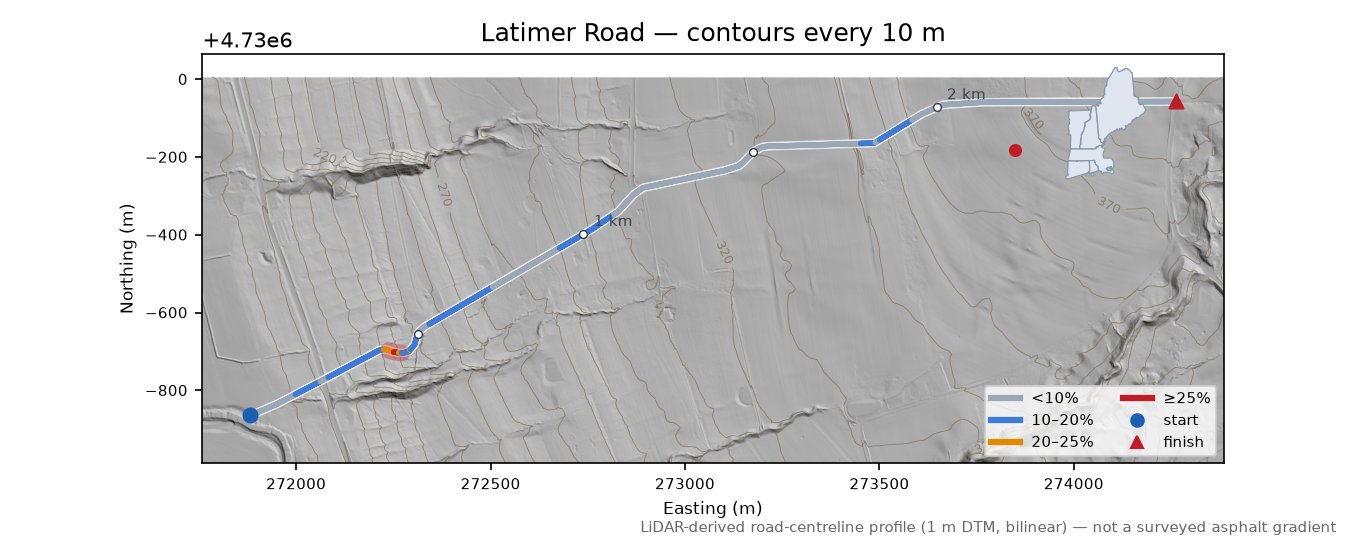 Latimer Road LiDAR hillshade map with contours