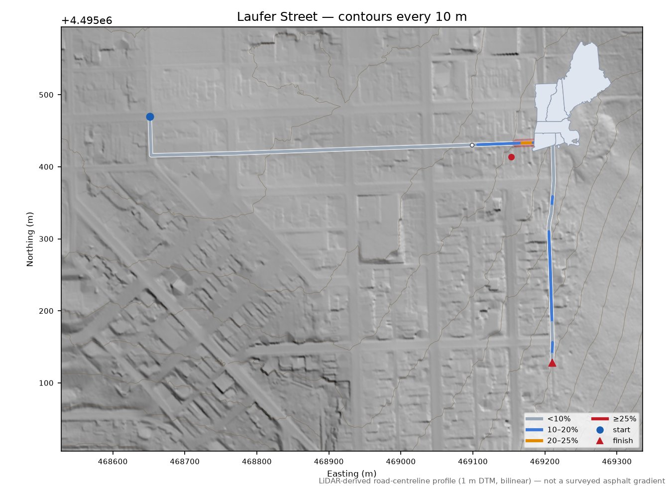 Laufer Street LiDAR hillshade map with contours