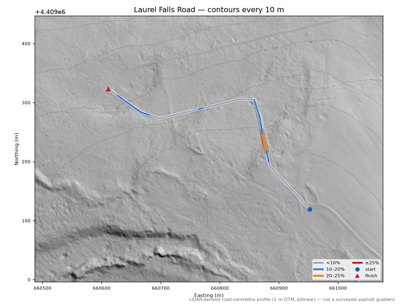 Laurel Falls Road LiDAR hillshade map with contours