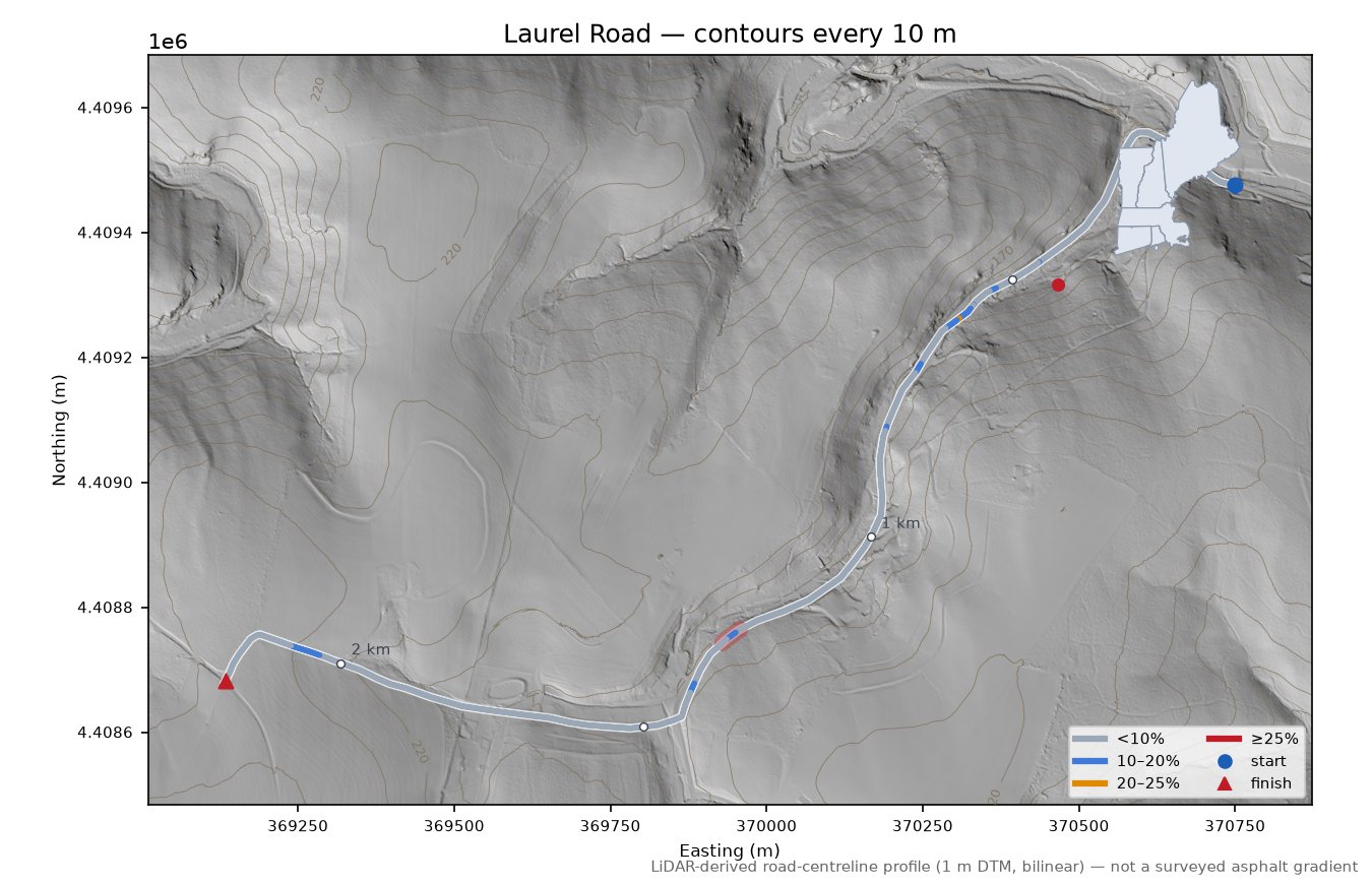 Laurel Road LiDAR hillshade map with contours