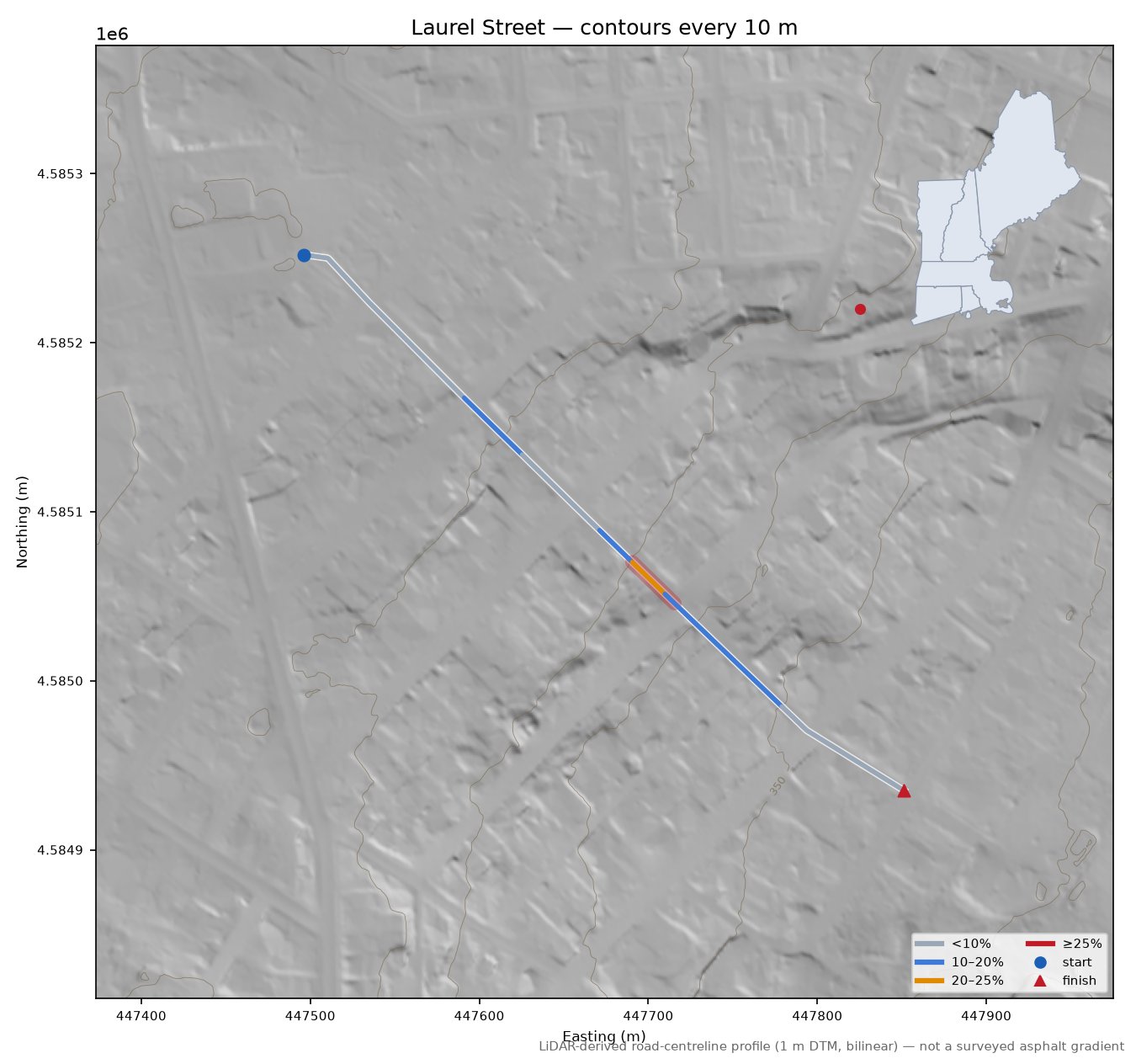 Laurel Street LiDAR hillshade map with contours