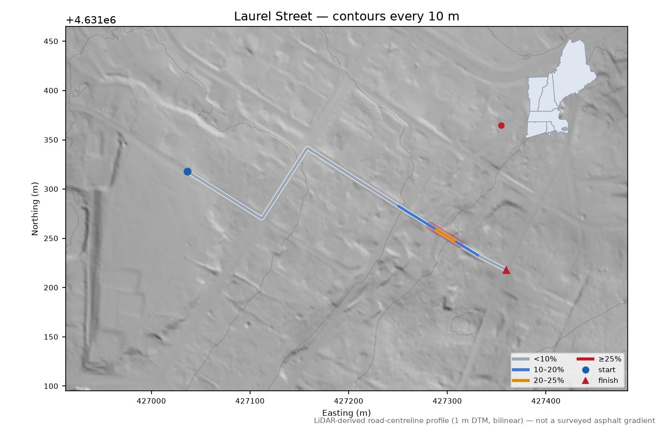 Laurel Street LiDAR hillshade map with contours